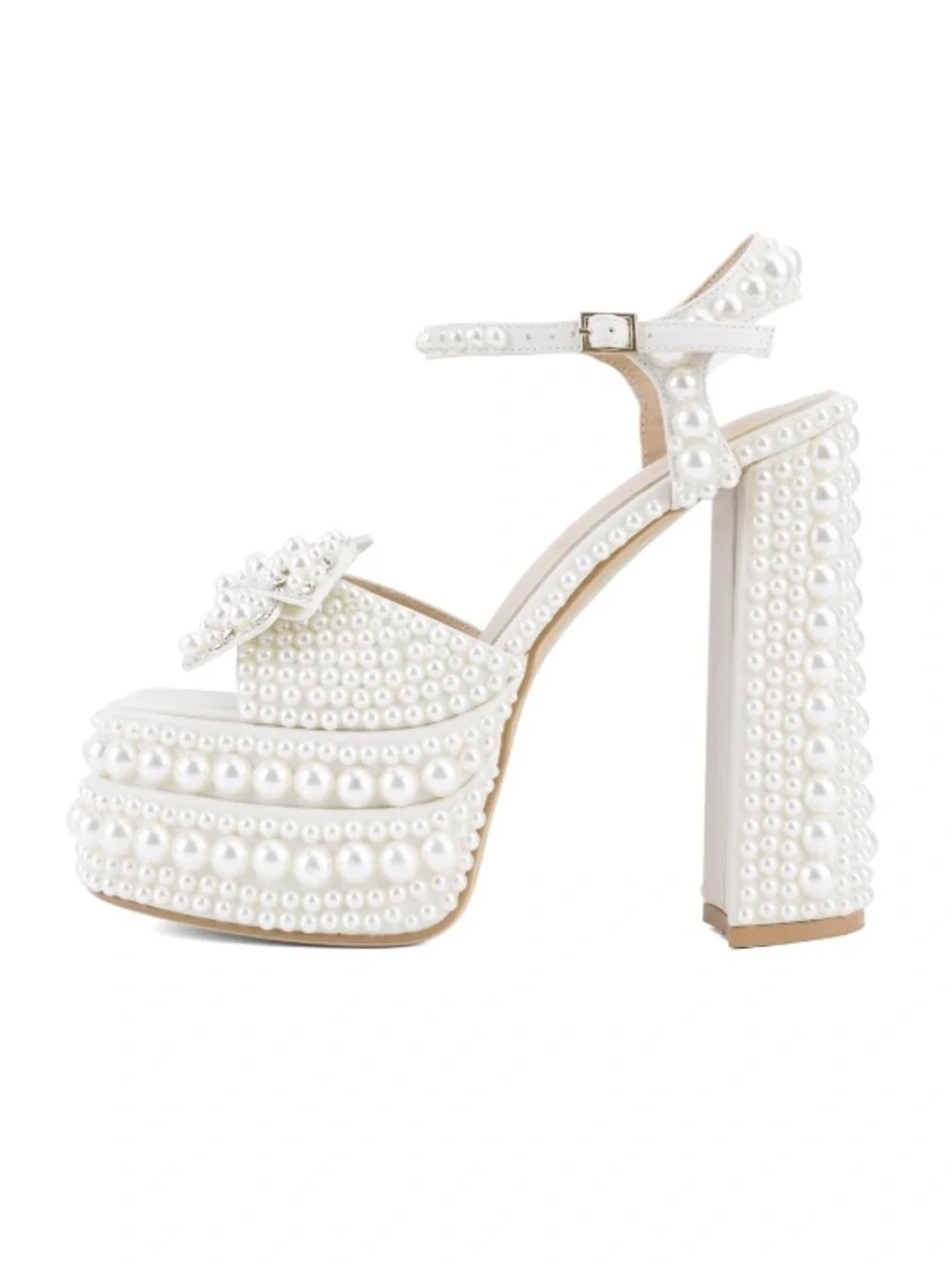 Pearl-Embellished White Platform Sandal with Ankle Strap